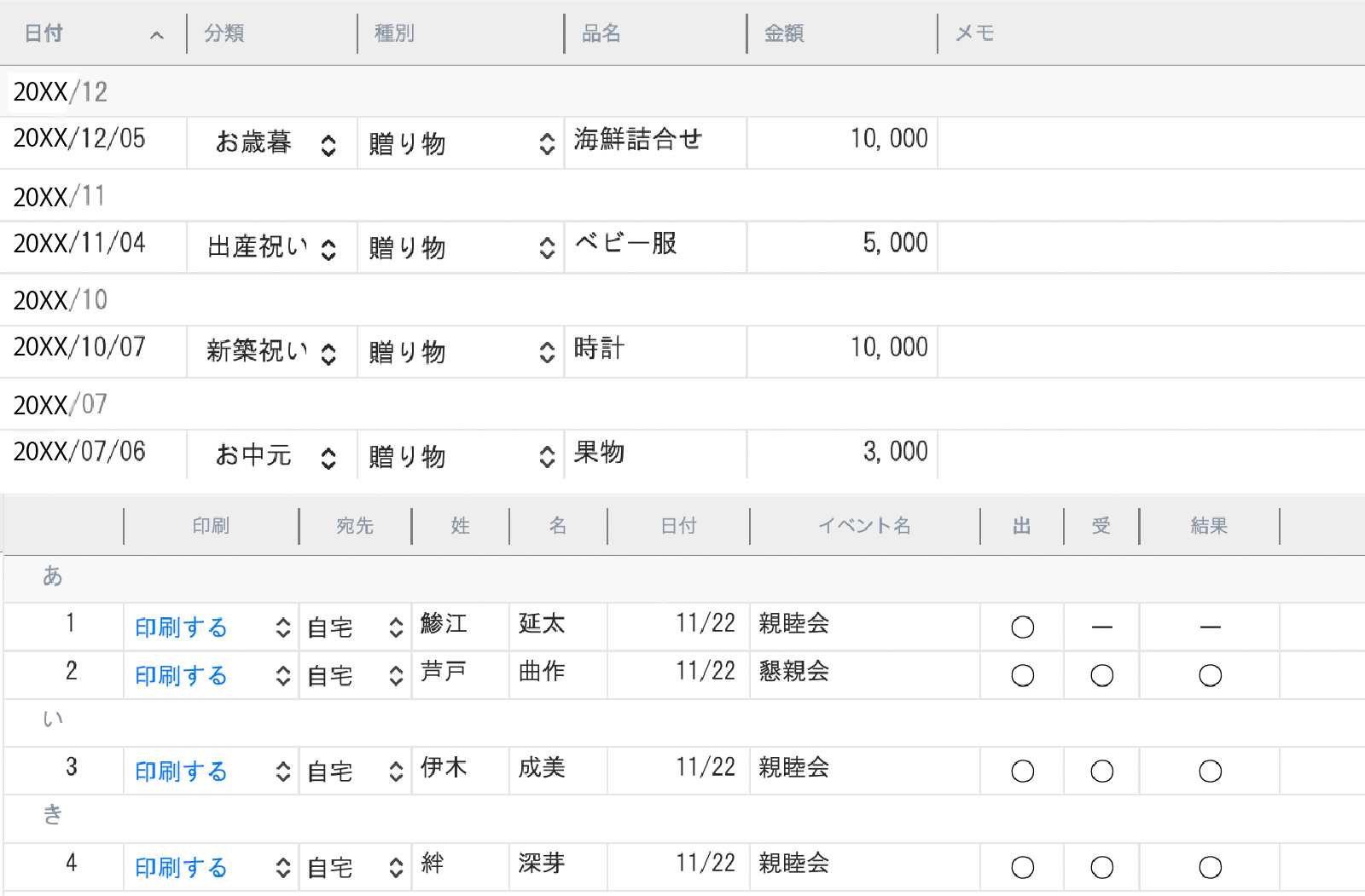 贈答管理の画面