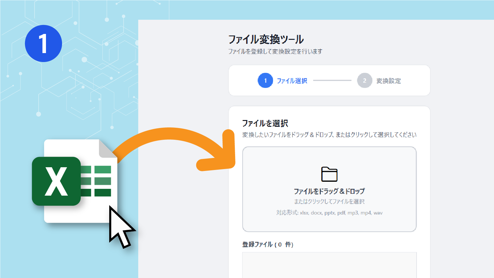 ①AIにアップロードしたいファイルをドラッグ＆ドロップで登録